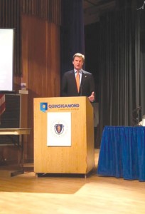Worcester County Sheriff Lew Evangelidis addresses the audience of over 400 people who recently attended Governor Charlie Baker’s 1st Opioid Crisis Listening Session on March 10th in Worcester at Quinsigamond Community College. 