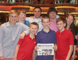 These Stow kids escaped this year's brutal winter and went on a cruise to Grand Cayman and Cozumel, Mexico over February Break.  Back row, Collin Streeter, Jimmy Henry, Egan Bachtell, Robert and Brooke Braceland.  Front row, Kevin Henry, Eli Bachtell and Nicky Streeter 