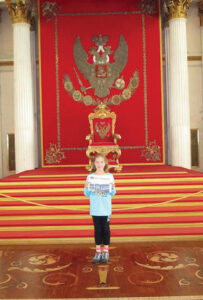 Masha Schmitt in the Throne Room at the Hermitage in Saint Petersburg, Russia in August 2013. 