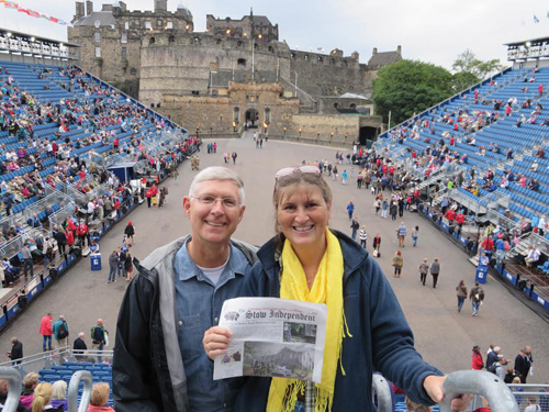 Bill and Mary Ann Hofmann at the Edinburgh Castle Esplanade before the start of the Royal Edinburgh Military Tattoo. The nightly performances have been held during the first 3 weeks of August since 1950. The stands hold about 8,000 people. This year's performance included massed pipe and drum bands from Scotland and Britain, Scottish dancers and other bands and dancers from Australia, Tasmania, Singapore, Canada, Malta, Oman, Trinidad and Tobago, and Zulus from South Africa. Truly an amazing experience! 