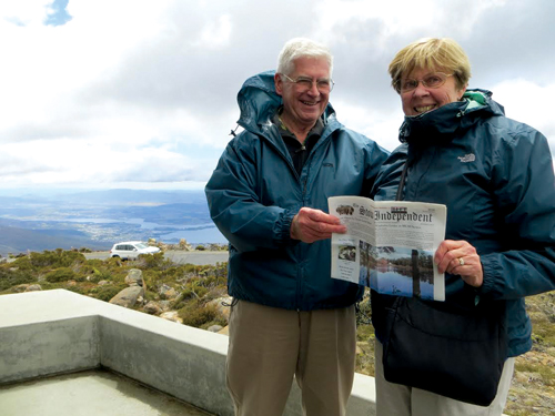 Gen and Joe Sullivan hold fast to their Stow Independent atop windy Mt. Wellington in Hobart, Tasmania -- one of several ports of call on their recent cruise around New Zealand and over to Australia with a group of fellow amateur International Folk Dance enthusiasts.  As in New Zealand and later in Sydney, the group was able to tour local sites of cultural and historical importance and to enjoy a dance party with a local International Folk Dance club. 