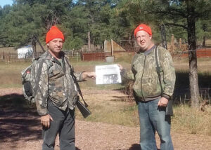 Robert Bell (right) recently returned from a successful Rocky Mountain Elk hunt in Happy Jack, AZ.   These pictures, with friend Paul Lesniak,  were taken at about 7100 feet.  