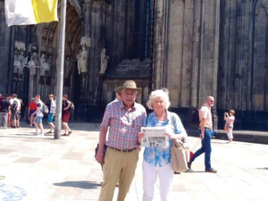 Jack and Carolyn Zettler visiting the Cologne Cathedral in Germany while traveling on a river boat cruise in Europe.