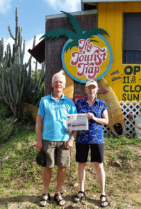  In mid-January, Tom and Marilyn Zavorski enjoyed the warmth and sites of St. John USVI.  At the far east end of island, nestled at the border of the national park is a small, fabulous outdoor café, The Tourist Trap, run by Larry, formerly of Manchester, NH.  Great meals with the choice of local beers are served, as scores of bananquits flock to a circular feeder, while a few cats mingle at one’s feet.   Patrons of outdoor eating establishments also share their space with wild chickens, goats, sheep and donkeys!  Nature is most accommodating to St. John visitors.