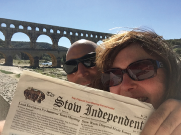 On the third try on windy day, Pete and Jenny Bagdigian snapped a picture with the Stow Independent at Pont du Gard, a Roman aqueduct in Vers-Pont-du-Gard, France.  